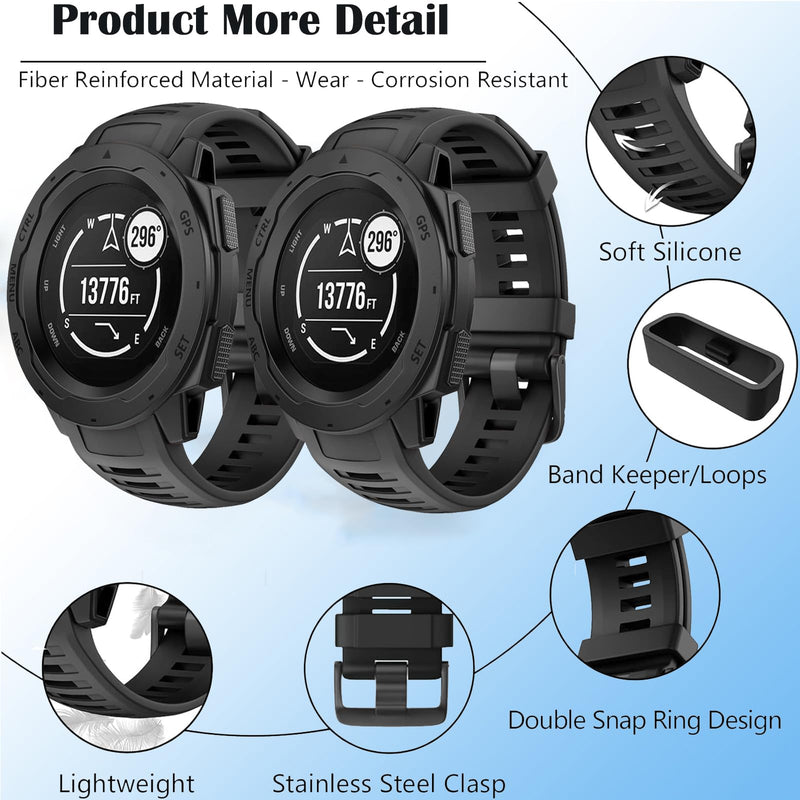 2 Pack Waterproof Band Compatible with Garmin Instinct, 22mm Soft Silicone Replacement Watch Strap for Garmin Instinct 2 / Instinct Esports/Solar/Tactical black+black