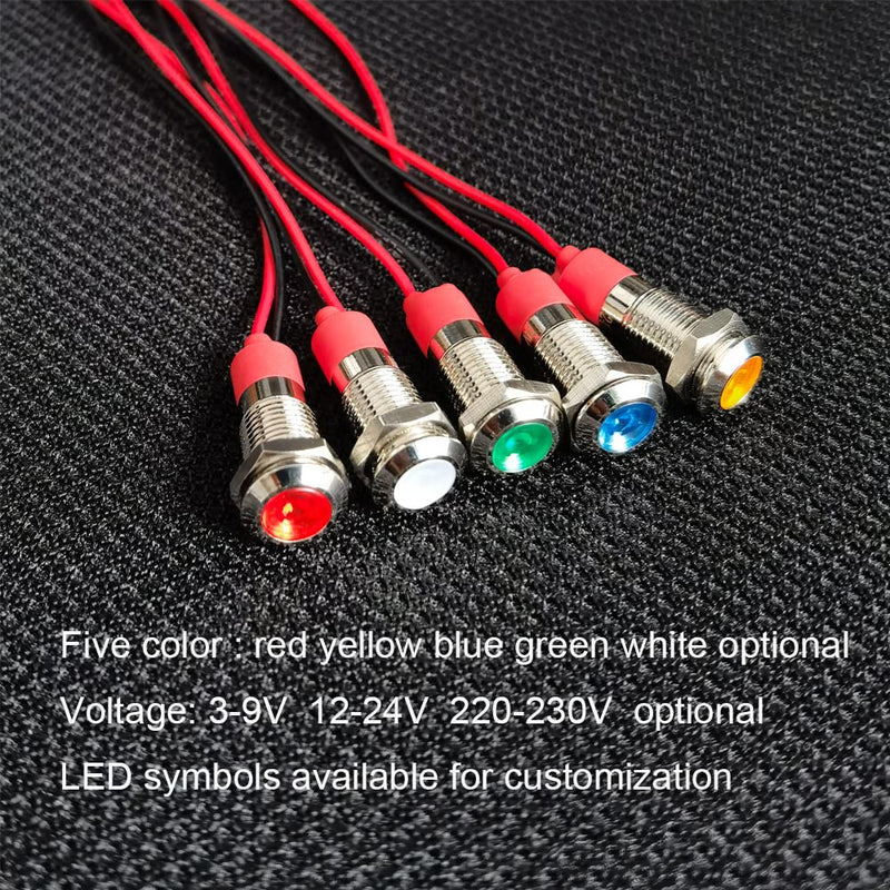 GUUZI 8mm LED Indicator Light 12-24V Waterproof Signal Light Metal Plate LED Indicator Signal Light Panel Mount Flat Head with Wires Silver Housing (Blue, 6pcs) Blue