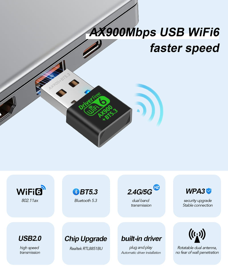 USB WiFi 6 & Bluetooth 5.3 Adapter for Desktop PC,AX900Mbps Dual Band 5/2.4Ghz Wireless Network Adapter ，Built-in Driver for PC/Laptop/Desktop 4dBi Antenna Compatible with Windows 10/11