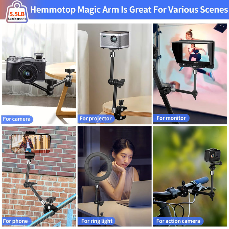 Hemmotop Magic Arm Camera Mount Clamp, 9.8 in Adjustable Articulating Friction Arm Max. Load 6.6 LBS, for iPhone Monitor, Camera Mounts & Clamps Kit MS01 Black