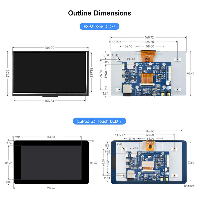 Waveshare ESP32-S3 7 Inch Touchscreen Development Board, ESP32 with Display | 32-Bit LX7 Dual-Core Processor, 800x480, Up To 240MHz Frequency, Supports WiFi & BT, With Onboard Antenna