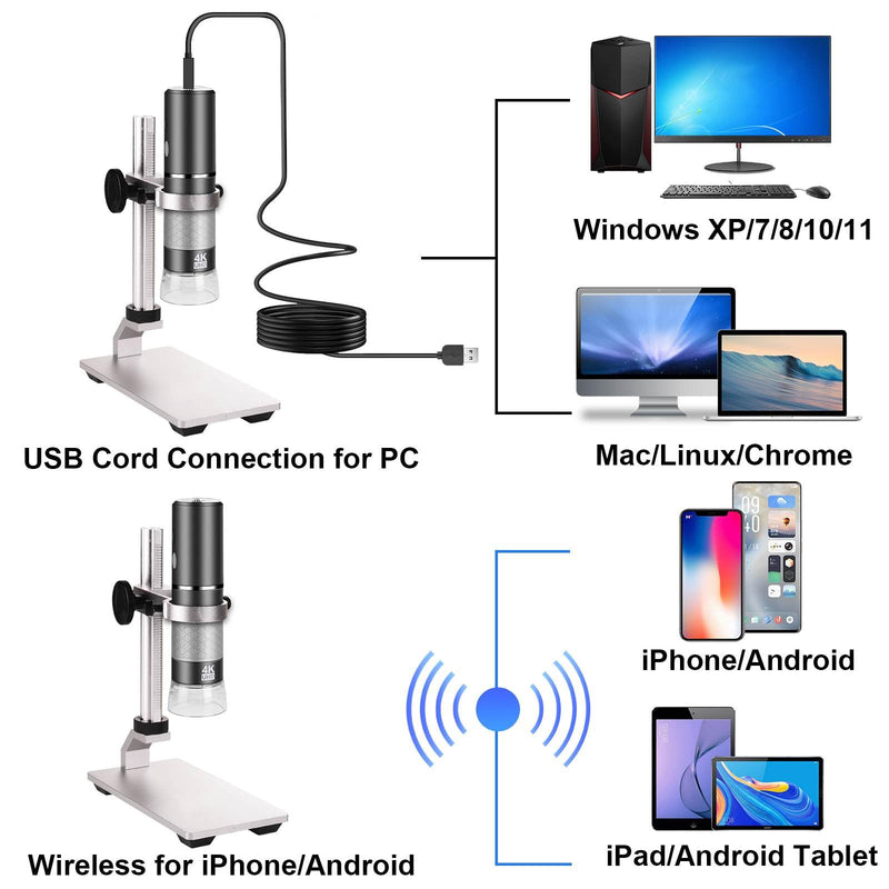 4K Microscope with Professional Stand + Case for iPhone Android PC, 50-1000X Digital USB Microscope Endoscope HD Camera for All Cellphones iPad Android Tablet Windows Mac Chrome Linux Grey/Black