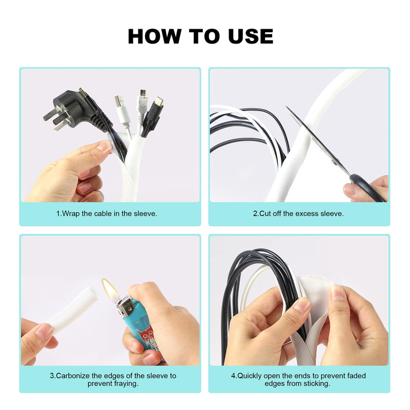 AGPTEK Cable Sleeve Cover, 10ft - 4/5inch, with 10 Fastening Cable Ties, Cord Management for Home Office Desk PC TV Computer Automotive Wire Loom Tubing Cord Protection Self-Wrapping, White 4/5" - 10ft