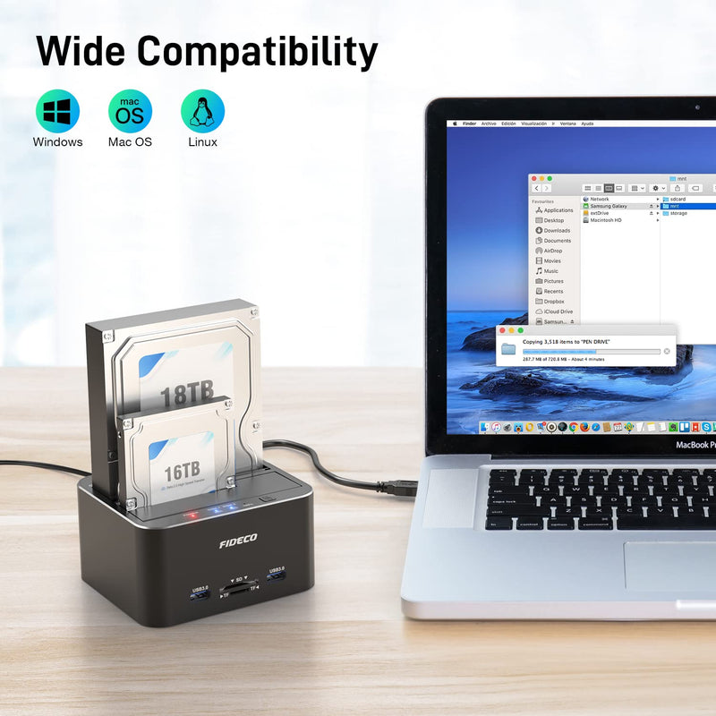 FIDECO Hard Drive Docking Station, USB 3.0 SATA to HDD Docking Station for 2.5 & 3.5 inch SATA HDD/SSD, Dual Bay, Support Offline Clone (Aluminum and ABS) Aluminum+ABS