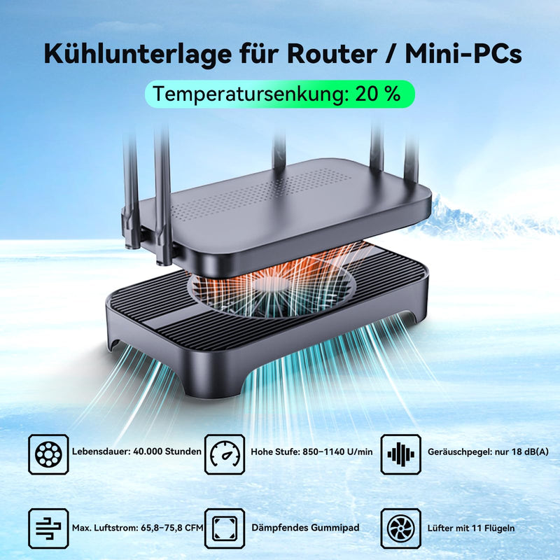 X3-V2 Router Cooler 140mm USB Fan with 3 Levels Black | For routers and mini PCs; 3 speed settings, up to 75.8 CFM, max. 18 dB(A), USB 5 V, 800 mm cable