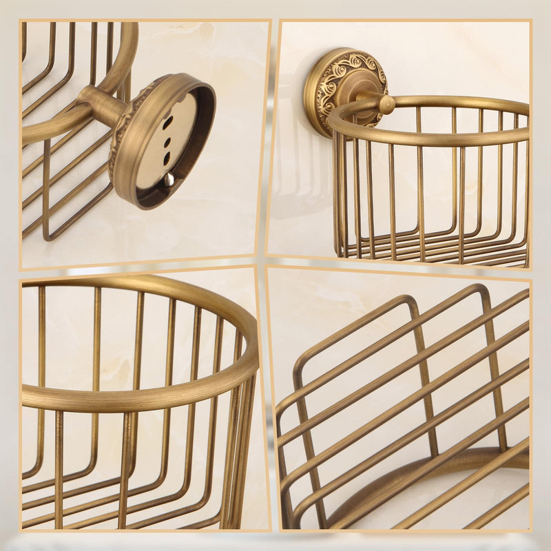 Vintage Wall-Mounted Toilet Paper Holder with Wire Basket Design, Antique Brass, Wall-Mounted Bath Hand Towel Holder with Braiding Carvings, Vintage Style. Gold Carved Hanging Basket