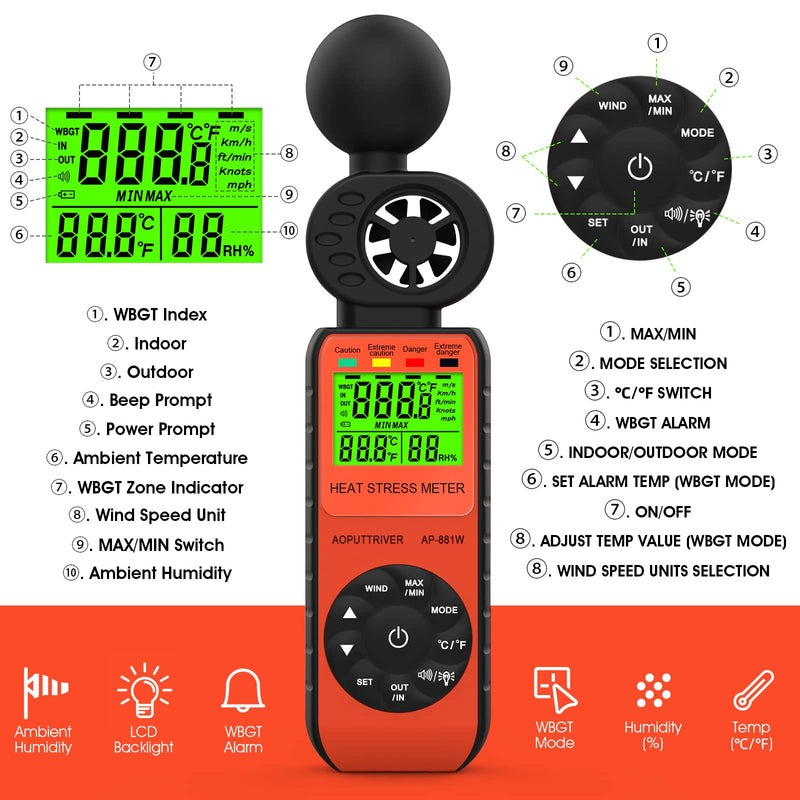 AOPUTTRIVER Anemometer AP-881W Hand Anemometer with Wind Speed/Temperature/Humidity/WBGT Alarm for Drone Flight, Hunting, Sailing