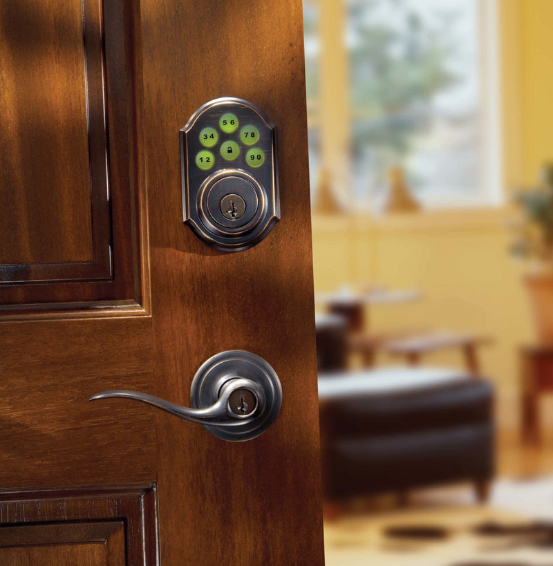 Kwikset Tustin Entry Door Handle with Lock and Key, Secure Keyed Reversible Lever Exterior, For Front Entrance and Bedrooms, Venetian Bronze, Pick Resistant Smartkey Rekey Security and Microban