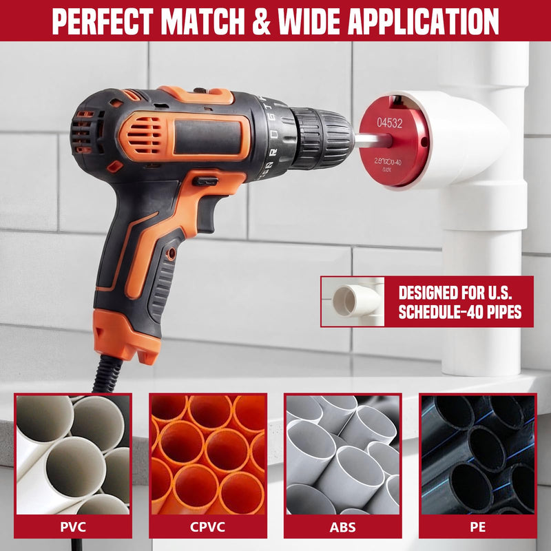 PVC Pipe Reamer Kit, PVC Fitting Saver for Sch.40 CPVC, Plumbing Tool Fits Standard 1/2" Drill, Socket Hub Saver