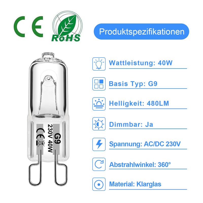 WeshLMPO Light bulb G9 12 pieces halogen G9 40W dimmable halogen bulb G9 230V 2700K for wall lamp, candlestick, floor lamp 40W-12 pieces
