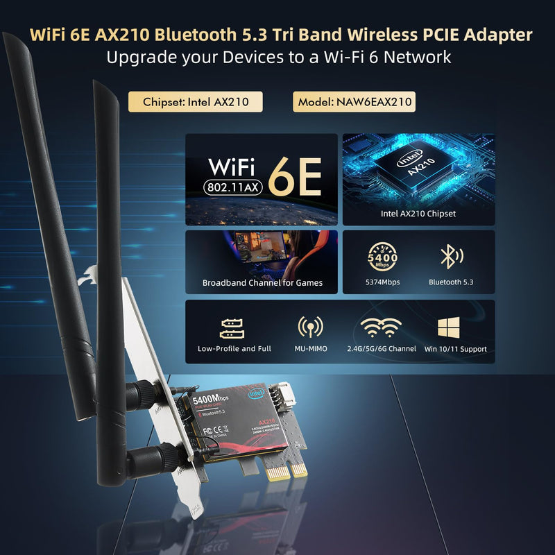 WiFi 6E Card AX5400 PCIe WiFi Network Adapter, Intel AX210 Chip Bluetooth 5.3, Tri-Band 2.4GHz/5GHz/6GHz OFDMA & MU-MIMO, for Windows 10/11 WIFI6E 5400M