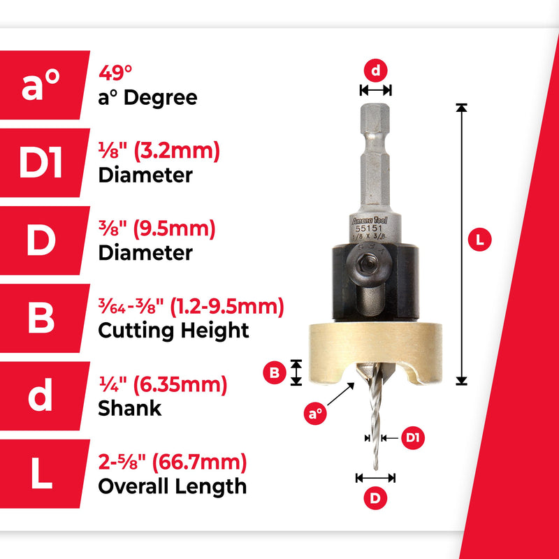 Amana Tool 82 Degree Countersink with Tapered Drill Bit and Adjustable Depth Stop, 55151, 3/8 D x 1/8 Drill D x 1/4 Inch Quick Release Hex Shank