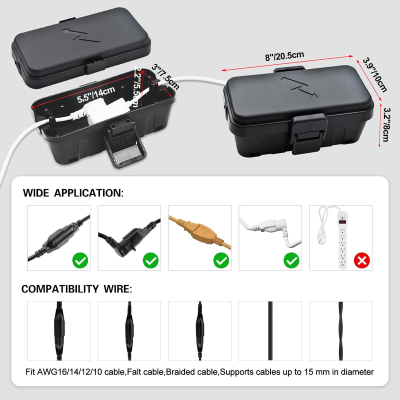 Hrensaw 3PCS Small Weatherproof Electrical Connection Box(Inner 5.5x3x2.2inch),Outdoor Electrical Box,Waterproof Extension Cord Covers for Plug, Extension Cables, Holiday Lights,Black Black