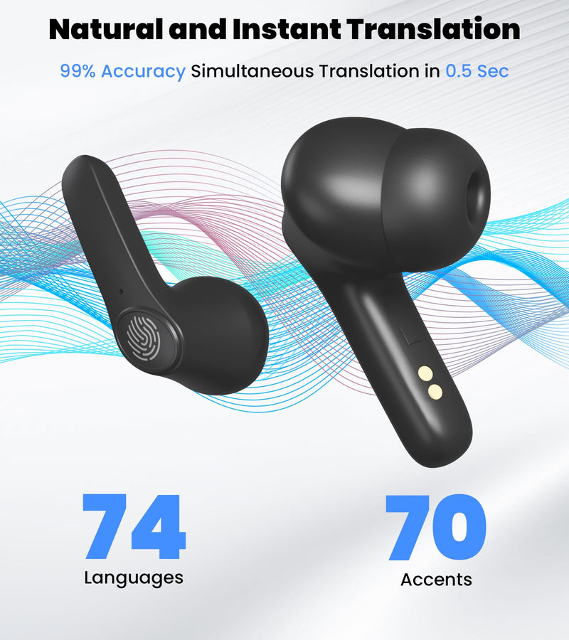 Language Translator Earbuds: 3in1 Translator Earphones 144 Languages & Accents, 8 Offline Translation Packs Translation Device in Real Time fit iOS & Android, Dark Matte Black