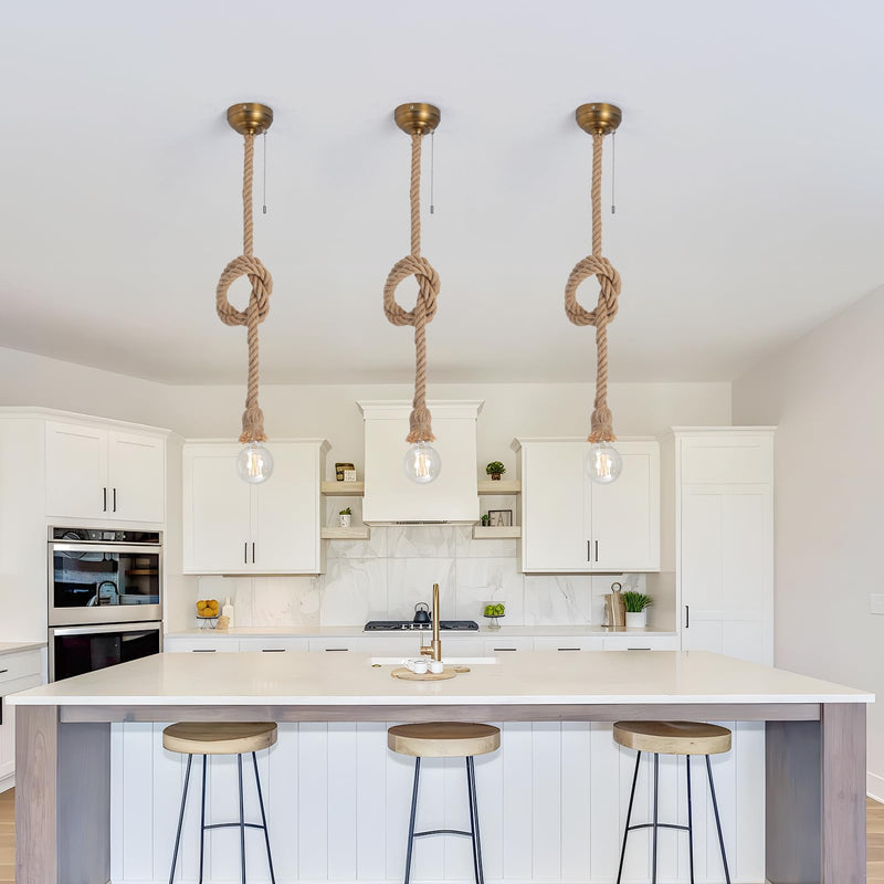 KEESFU Hemp Rope Pendant Light Rope Chandelier,Rustic Ceiling Light with Pull Chain,Vintage Boho Pendant Hanging Light Height Adjustable for Kitchen Island Hallway Bedroom Dinning Table 1-light