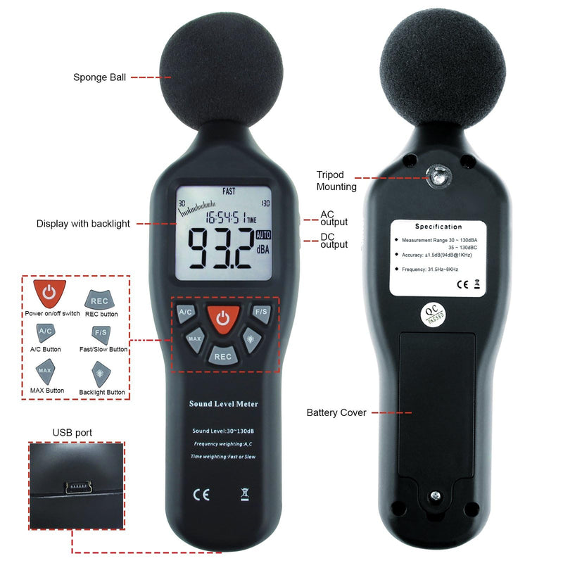 GAIN EXPRESS Decibel Meter, Sound Level Meter, Digital dB Meter with LCD Display, A/C Weighted, Decibel Meter Range 30-130 dB, Data Hold Function Noise Meter With data storage function