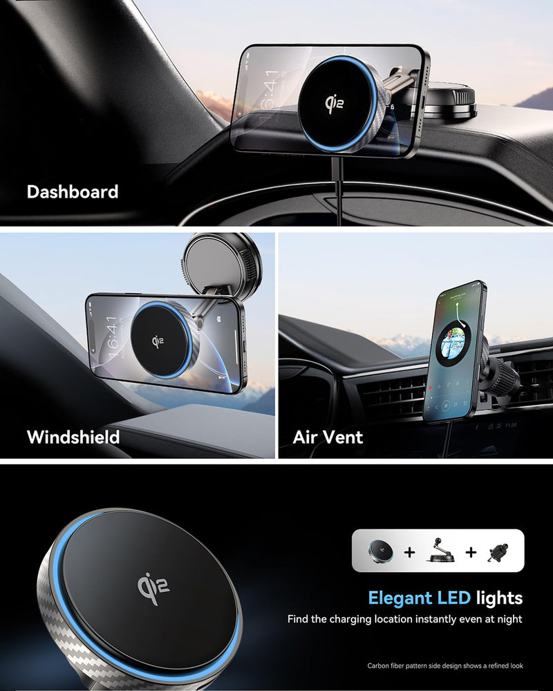 Qi2 Certified 15W for Magsafe Car Mount Charger, [78+LBS Stronger Vacuum Suction] 360° Adjustable & Fast Charging Magnetic Phone Holder for Vent/Dashboard/Windshield/All Car Surface