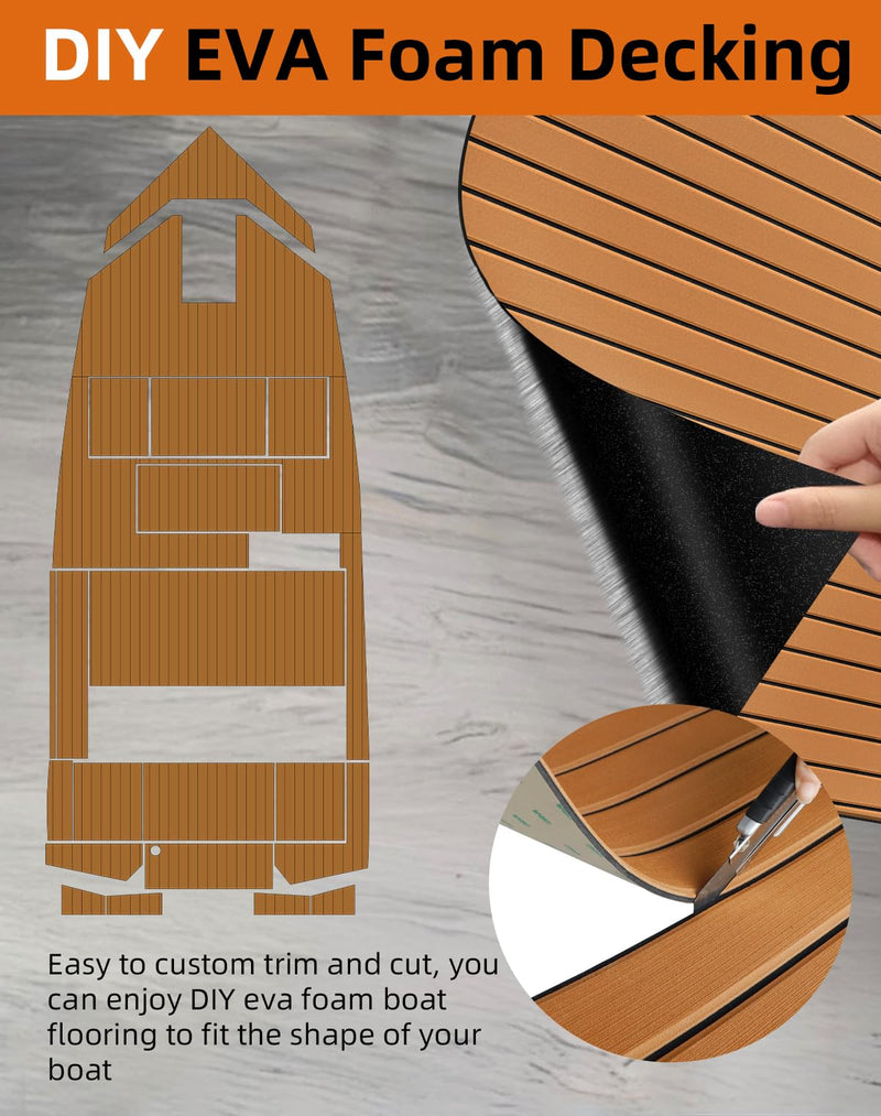 Hjdeck Boat Flooring EVA Foam Boat Decking with 3M Self-Adhesive Backing Non-Slip Boat Foam Flooring Marine Carpet DIY Faux Teak Sheet for Yacht Jon Boat Kayak Motorboat SUP Ramp RV Floor Helm Pad 47.2"x 16.1" - 5.2sqft Brown with Black Seam