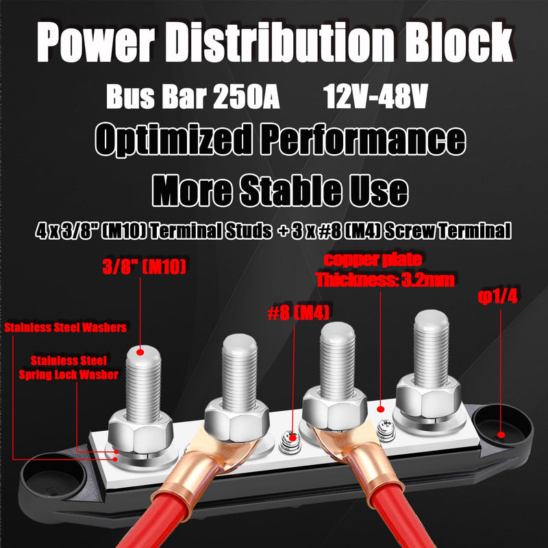250A Bus Bar 12V Marine 4 x 3/8" (M10) Terminal Studs,3 x #8 (M4) Screw Terminal 12V-48V Power Distribution Block with Cover,Battery Bus Bar for Boat Automotive Car and Solar Wiring Type B