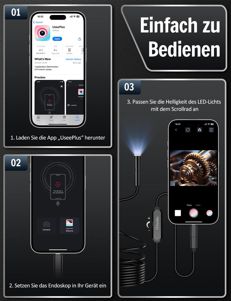 1920P HD Endoscope Camera with Light, IP67 Waterproof Inspection Camera for iOS & Android, Tube Camera Mobile Phone with 160 cm Claw Gripper for Drain Cleaning - 5 m | Semi-rigid cable inspection camera, IP67 waterproof inspection camera, pipe cleaning...