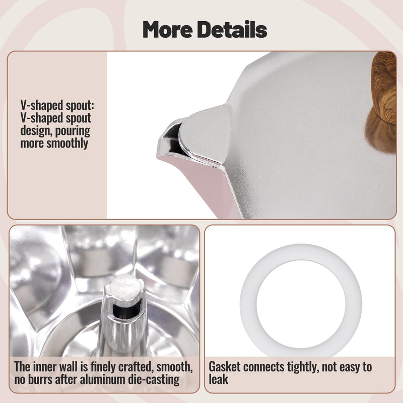 6 Cup Aluminum Moka Pot Classic Stovetop Espresso Coffee Maker 300ml 10oz Coffeemaker Percolator Mocha Pot Greca Coffee Maker Cafe Makers for Italian and Cuban Café Brewing Pink 6 Cup
