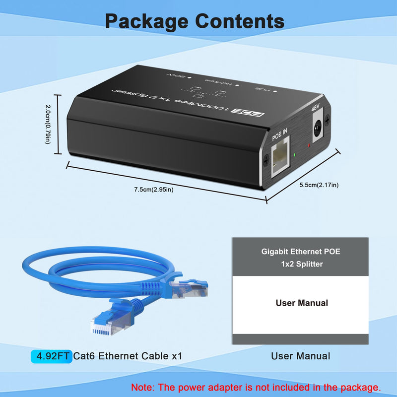 PoE Splitter with 4.25FT Cat6 Ethernet Cable, Gigabit Ethernet Switch 2 Port, Internet Splitter 1 in 2 Out, Non-PoE to PoE Adapter, Network Hub 1 in 2 Out, Plug & Play, Distance Up to 328 Ft. POE Splitter with Cable