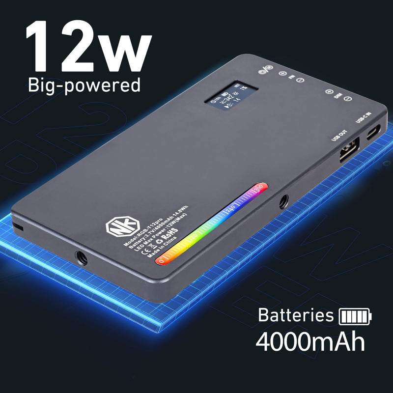 T12 Pro RGB Video Light,12W Portable LED Camera Light with 2500-8000K, 4000mAh Rechargeable Battery, 21 Effects, CRI 96+, for Studio Photography, Vlogging, Streaming, Selfie Video and Phone Recording
