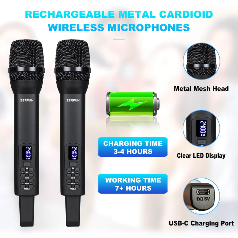 Rechargeable Wireless Microphones Dual, Pro Handheld Cordless Mics System Dynamic with Echo Treble BASS VOL Control for Karaoke Singing Church Party, 1/4'' Output, D240, Black 2 Mics, Black