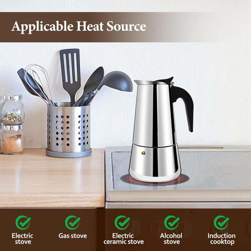 2 Cup Moka Pot Percolator Italian Coffee Maker 100ml Stovetop Espresso Mocha Stainless Steel Greca Coffee Maker Classic Cafe Makers Suitable for Induction Cookers Ceramic Stoves Straight 2 Cup 100ml