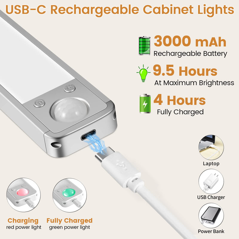 Under Cabinet Lights Rechargeable Under Counter Lights for Kitchen, 188 LED Closet Light Motion Sensor Light Indoor, Dimmable Magnetic Under Cabinet Lighting, 2-Pack Silver(2-Pack) 13.58 Inch