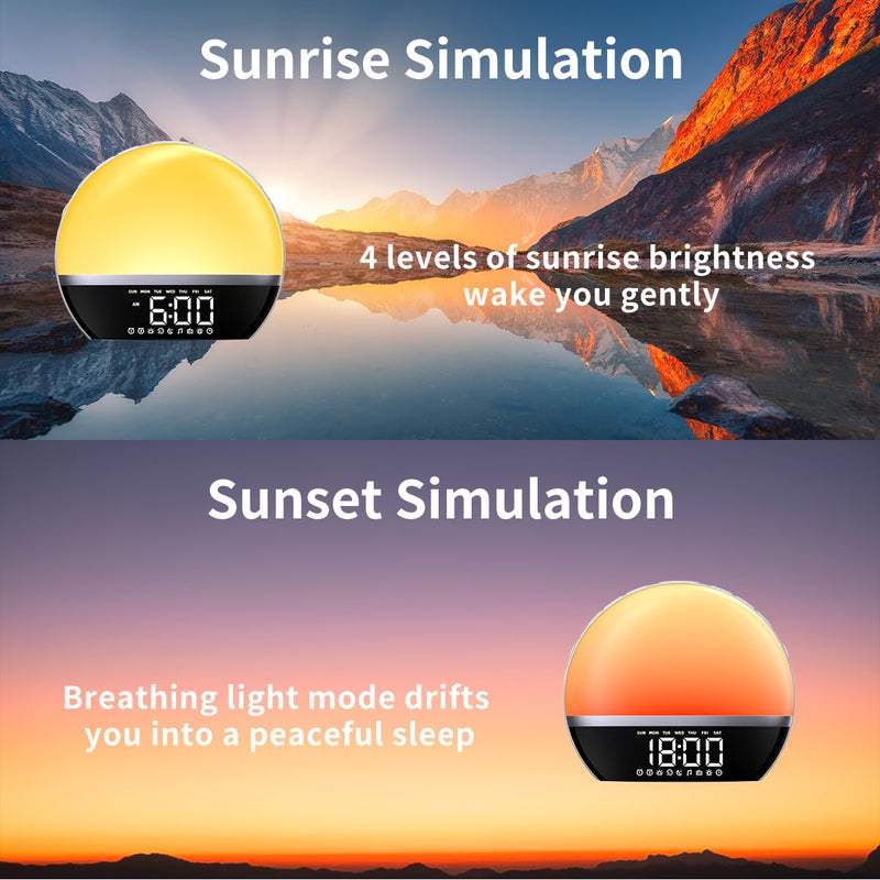 FM Radio Sunrise Alarm Clock Sound Machine Wake-Up Light Sunrise Sunset Simulation Adjustable Volume Brightness Sleep Aid 13 Colors 23 Sounds 28 Tunes Snooze Dual Alarm 4 Timers