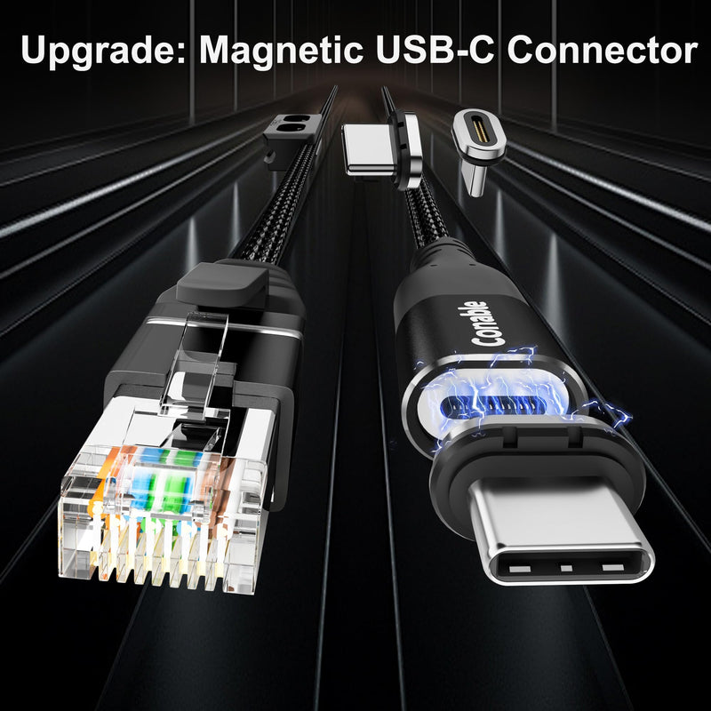 Magnetic USB C to Ethernet Cable 25FT, USB Type-C to RJ45 Braided Cable, Gigabit, Directly Connected, Compatible with MacBook, iPad Pro, XPS, Surface Pro, Laptop, PC with 2 USB-C Plugs and 1 Holder