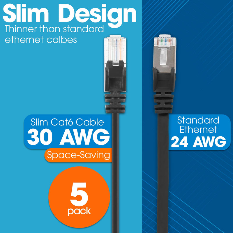 Intellinet Slim Cat6 Ethernet Network Patch Cable – 5 Pack - 10Gbps & 250MHz, Snagless Boot, 30AWG Pure Bare Copper Wire, Gold-Plated Contacts, Lifetime Mfg Warranty - 25ft, 5 Pack, Black 25 ft 5 Pack Regular Boot