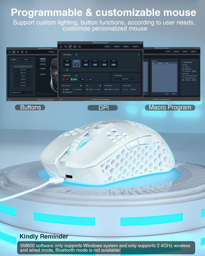 SM600 White Wireless Gaming Mouse,8000 DPI Tri-Modes BT5.1/Type-C Wired/2.4G Wireless Mouse with 2 Side Buttons, Programmable Macro Gamer Mouse with RGB Light for Laptop/PC/Mac SM600 PRO