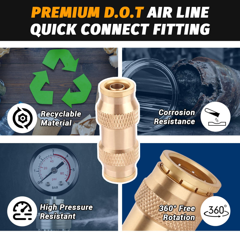 3/8" Dot Push-To-Connect Fittings (Three-eighth of an inch) Air Fittings Straight Union 3/8" Tube OD Brass Push Air Brake line fittings for Trucks Trailers and Industrial Use (4 Pack) 3/8 Inch