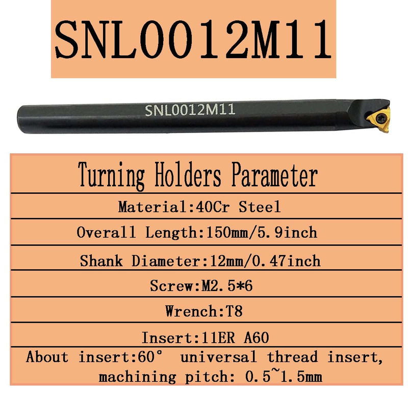 SNR0012M11 + SNL0012M11 Internal and external tap, turning tool holder with 5 pieces 11IR A60 + 5 pieces 11ER A60 threading inserts.