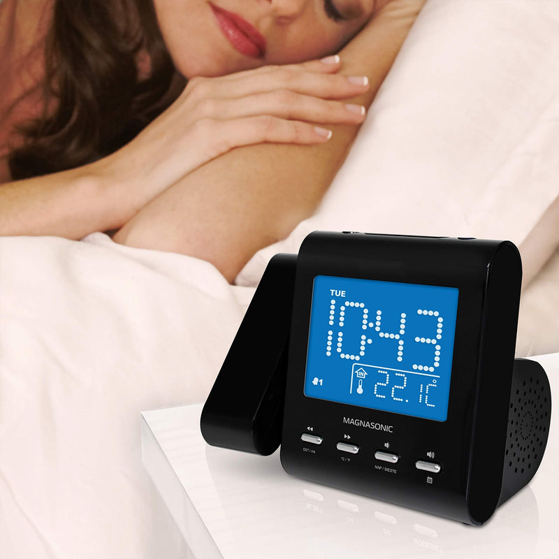 Magnasonic Projection Alarm Clock with AM/FM Radio, Battery Backup, Auto Time Set, Dual Alarm, Nap/Sleep Timer, Indoor Temperature/Date Display with Dimming & 3.5mm Audio Input - Black (EAAC601) Black Body