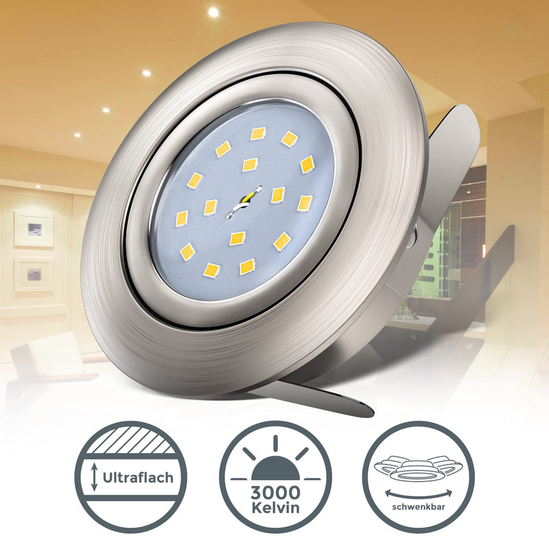 BKLicht - Set of 6 LED recessed spotlights 230V swiveling, warm white light color, hole size 68mm, flat, LED spot, ceiling spots, LED spots, recessed lights, recessed spots LED, 82x30 mm, matt nickel