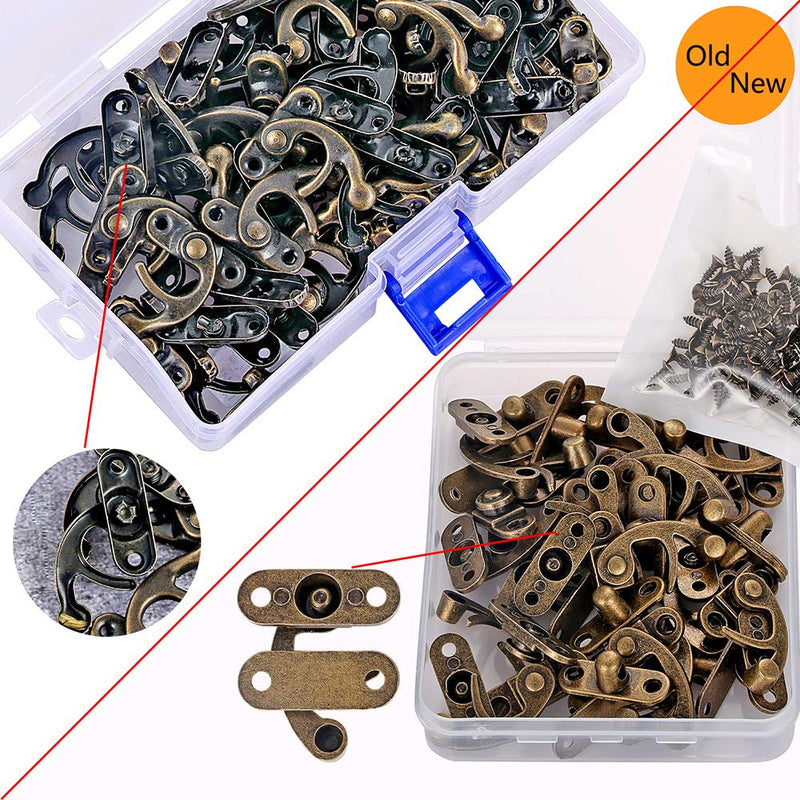 40-Piece Jewelry Box Replacement Lock - Antique Box Hook Clasp, Right Latch Hook Hasp Horn Lock, Wooden Cabinet Latch with 160 Replacement Screws (Bronze) Bronze/40 Pcs