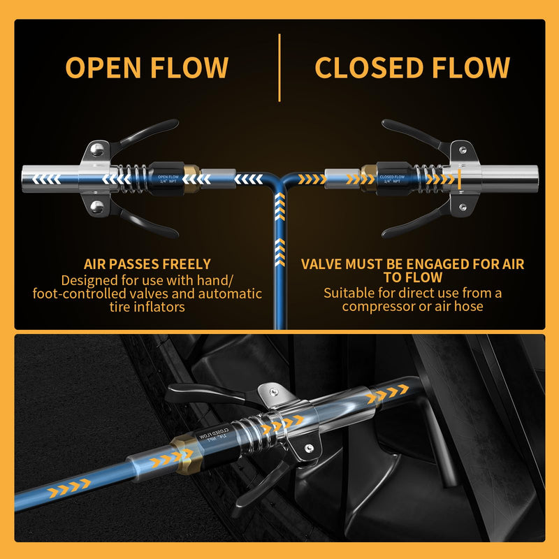 Locking Air Chuck, Heavy Duty Closed Flow with Six Steel Jaws, Locks onto Any Tire Valve, No Leaks or Pop-Offs, Rated to 150 PSI - Closed Flow