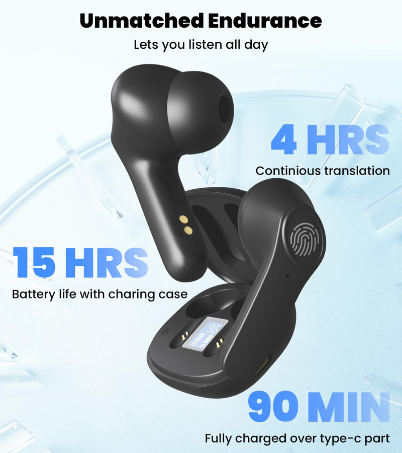 Language Translator Earbuds: 3in1 Translator Earphones 144 Languages & Accents, 8 Offline Translation Packs Translation Device in Real Time fit iOS & Android, Dark Matte Black