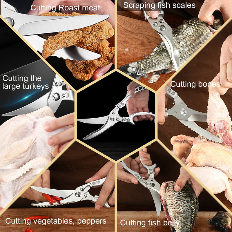 ANDONG Upgrade Heavy Duty Stainless Steel Kitchen Scissors - Professional Poultry Shears for Bone, Meat, Chicken, Fish, Turkey, Vegetables,Spring Loaded Multipurpose Ultra Sharp Utility Scissors Silver + Brown