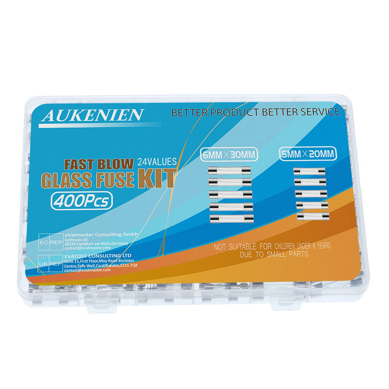Aukenien 24 values 400 pieces of glass safety set 5x20 mm 0.25a 0.5a 1a 1.6a 2.5a 3a 3.15a 5a 6.3a 8a 12a 15a 250v 6.3x32 6x30 mm 0.5a 3a 5a 10A 15A 20A glass fuses assortment