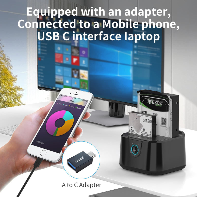 GODO USB 3.0 to SATA III Mini Dual Bay External Hard Drive Docking Station for 2.5 / 3.5 inch HDD SSD,Support Offline Clone,Hot Pluggable,with USB C Adapter,UASP