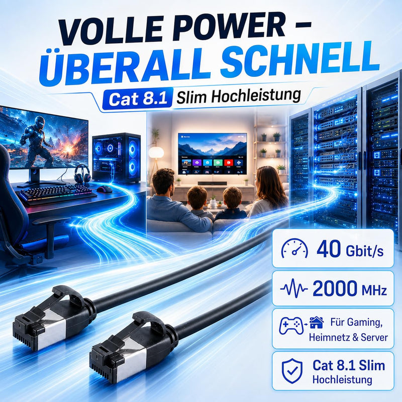1aTTack.de 5 m Cat 8.1 LAN Cable Network Cable (Pack of 1) Cat 8 Ethernet Cable with RJ45 Connector Slim and Thin with 40 Gbps Transfer Rate Black 5.0 m 1 piece black 1