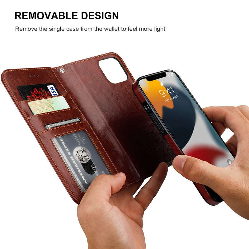 Bocasal Detachable Wallet Case for iPhone 13 RFID Blocking Card Slots Holder Premium PU Leather Magnetic Kickstand Shockproof Wrist Strap Removable Flip Protective Cover 5G 6.1 inch (Brown) Brown
