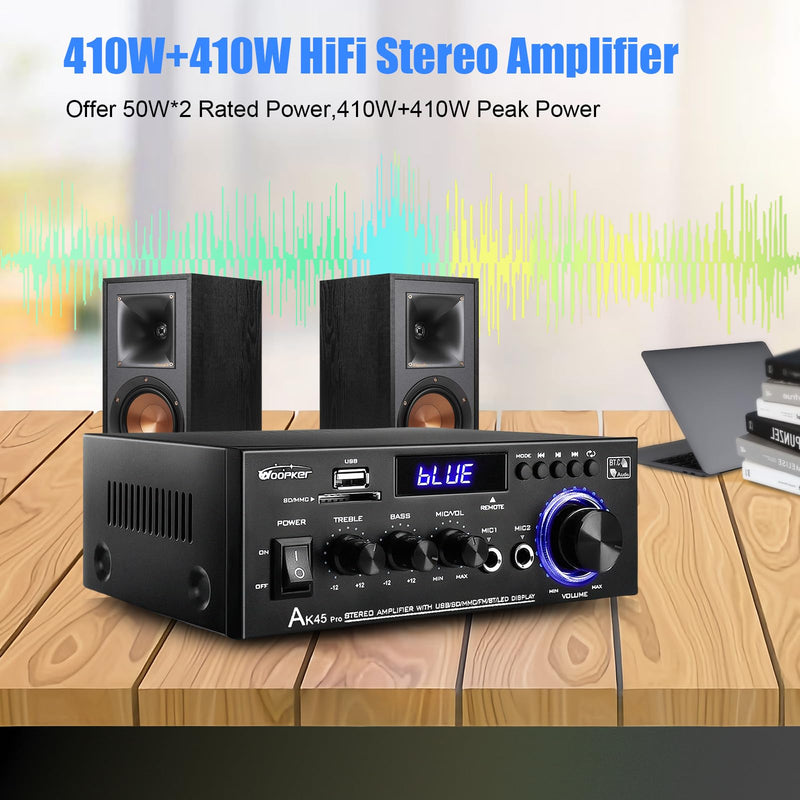 AK45 Pro Stereo Amplifier Home Audio, Stereo Receivers with Bluetooth 5.0,Max 400W, 2.0 Channel Audio Receiver for Home Theater Speakers w/USB/SD/RCA/2 MIC in for Karaok AK45 PRO