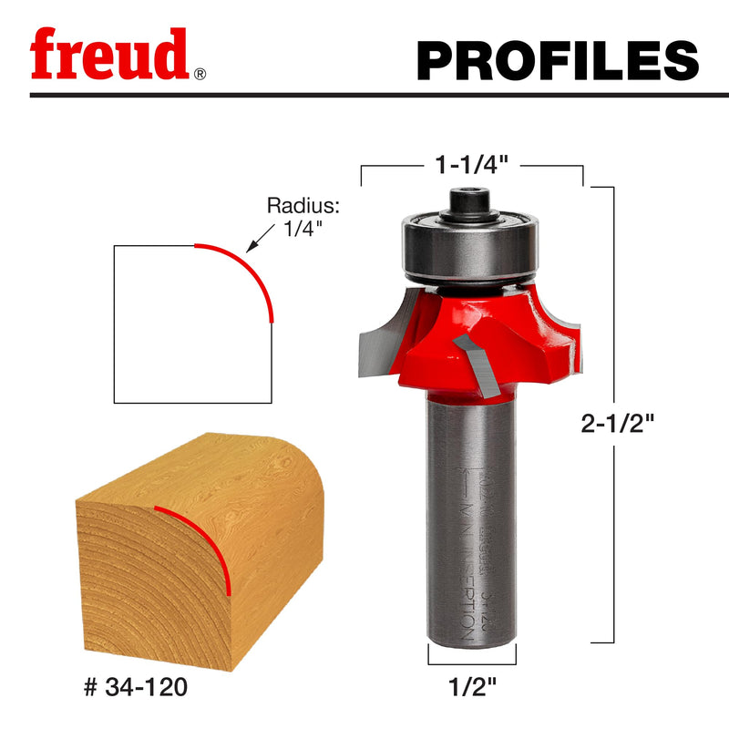Freud 34-120: 1/4" Radius Rounding Over Bit (Quadra-Cut) | 4 Cutters, 18,000 RPM, Perma‑Shield Coating for Flawless Finishes in Routing Furniture Edges & Decorative Beads, 34‑120