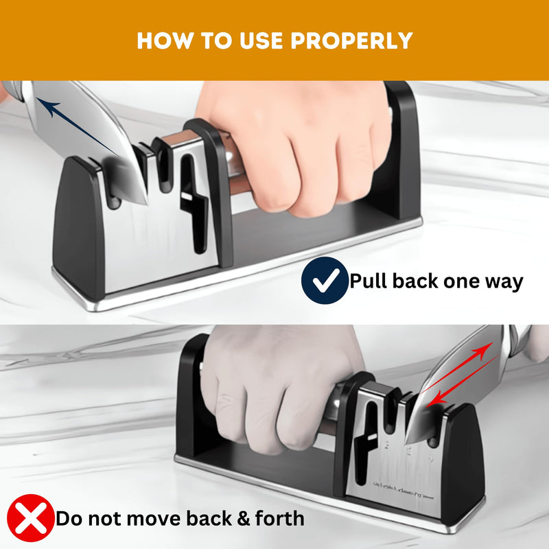 Knife Sharpener, 4 in 1 Knife and Scissors Sharpener, Stainless Steel Sharpening Tool for Kitchen Knives with Non Slip Rubber Base, Ergonomic Handle, Compact Design, Durable Build, Black