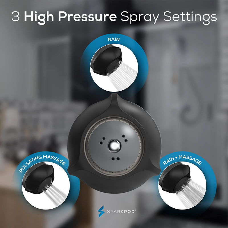 SparkPod 3-Inch Extreme High Pressure Shower Heads - Pressure Boosting with Rain, Massage & Pulsating Mode, Powerful Water-Saving Showerhead - 2.5 GPM Fixed Shower Head (Midnight Black Matte) 3. Midnight Black Matte